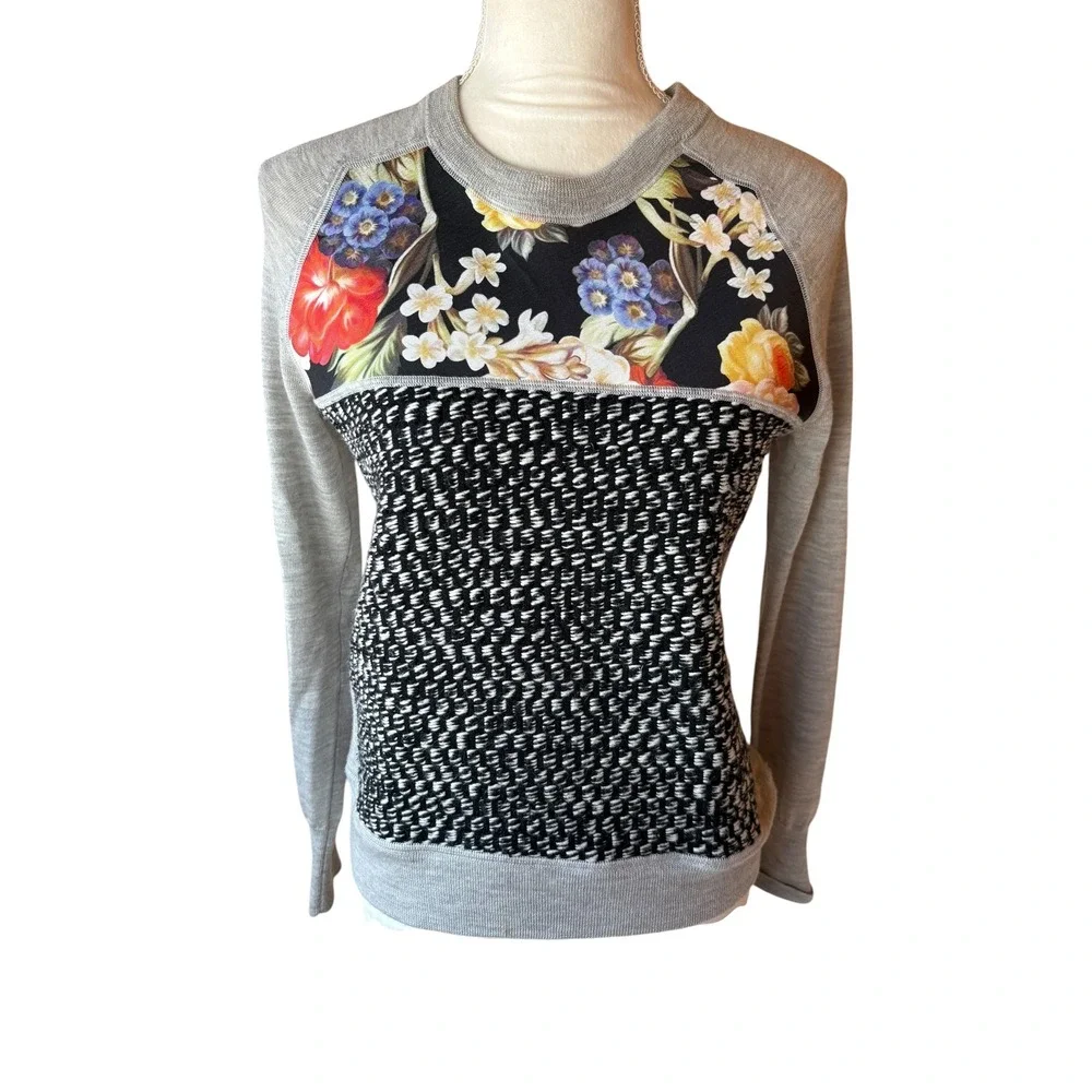 J. Crew Merino Wool Mixed Media Sweater Knit Silk Floral Panel B2265 -XS
